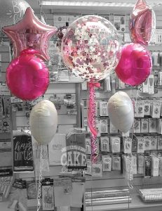 bubble confetti balloon with matching pink bunches 50th birthday - Tamworth