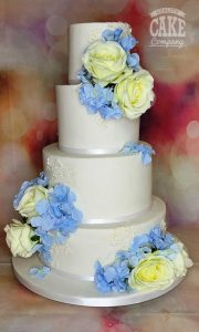 four tier white roses blue hydrangeas wedding cake Tamworth West Midlands Staffordshire
