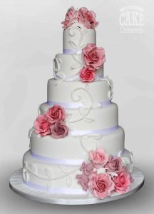 Six tier wedding cake with white vines and pink roses Tamworth West Midlands Staffordshire