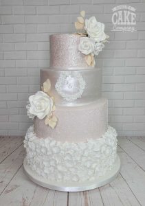 large shimmer, ruffle sugar flower stencil wedding cake Tamworth West Midlands Staffordshire