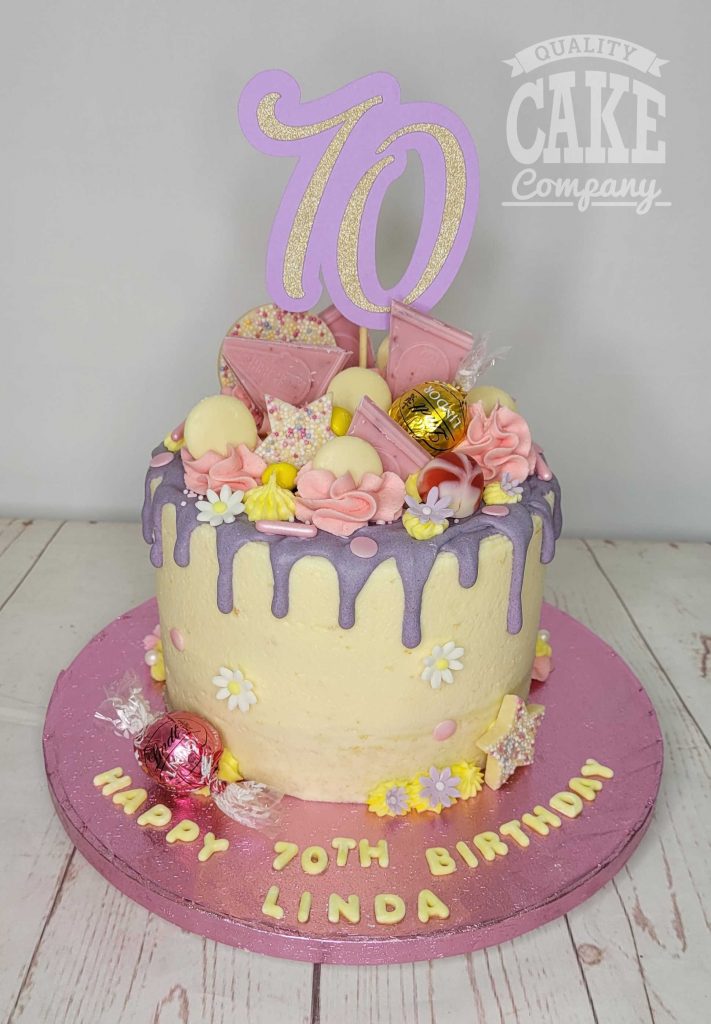 lilac and pink 70th birthday drip cake - Tamworth