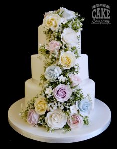 lilac blue and yellow roses full cascade three tier wedding cake Tamworth West Midlands Staffordshire