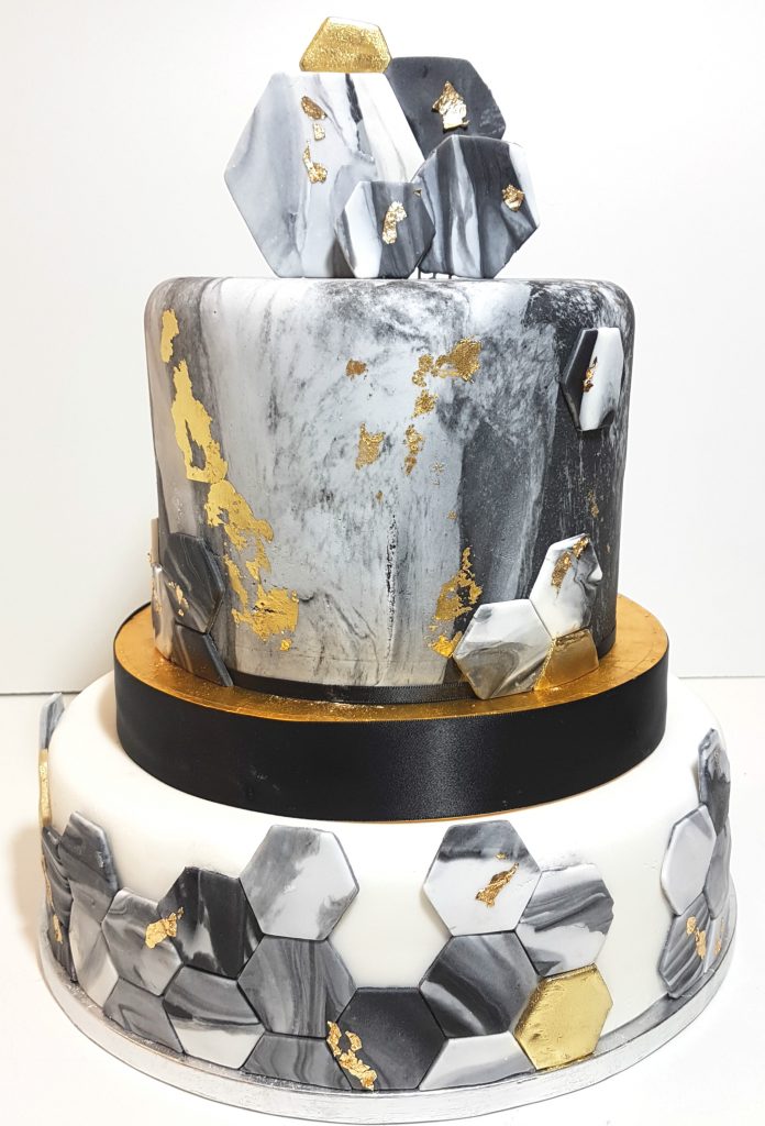 two tier marble gold hexagon wedding cake - Tamworth
