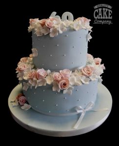 mini rose kitsch piped dot 2 tier 60 birthday blue cake Tamworth West Midlands Staffordshire