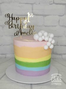 pastel rainbow striped cake with personalised topper - tamworth