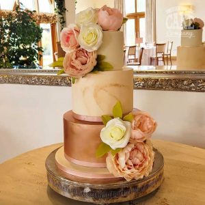 peach and rose gold three tier silk flowers wedding cake Tamworth West Midlands Staffordshire