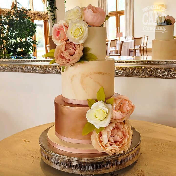 peach and rose gold three tier silk flowers wedding cake Tamworth West Midlands Staffordshire