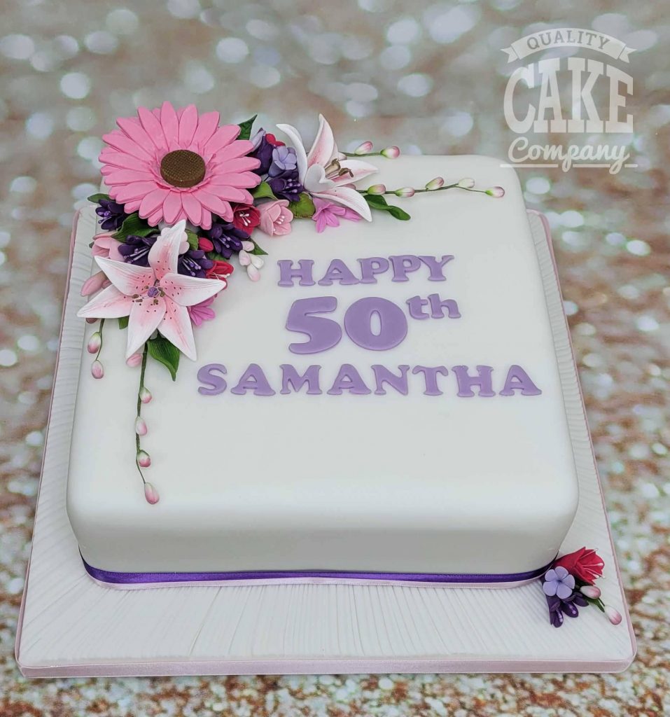 pink and lilac floral square cake - Tamworth