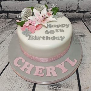 grey and pink floral 60th birthday cake - tamworth