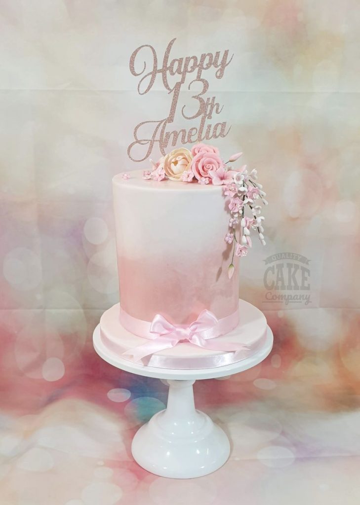 tall ombre pink floral 13th birthday cake - Tamworth