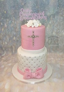 two tier pink and white quilted christening cake - Tamworth