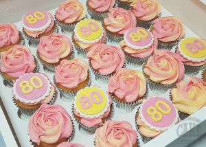pink and yellow 80th birthday cupcakes - Tamworth