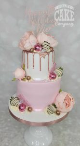 two tier pink and rose gold modern drip cake - tamworth