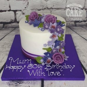 Purple floral cascade 80th birthday cake - Tamworth