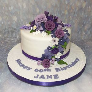 purple floral cascade cake - tamworth