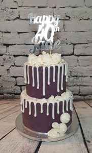 two tier purple and white drip cake - tamworth