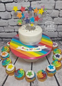rainbow starburst cake and matching cupcakes - tamworth