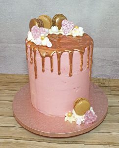 tall pink rose gold macaron drip cake - tamworth