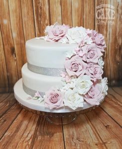 Dusky pink short wedding cake two tier silver ribbon Tamworth West Midlands Staffordshire