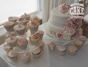 roses-dusky-pink-wedding-cake with vintage cupcakes Tamworth West Midlands Staffordshire