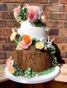 rustic bark floral cascade wedding cake bright meadow flowers Tamworth West Midlands Staffordshire