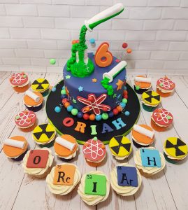 science theme cake with matching cupcakes - Tamworth