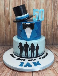 two tier silhouette shirt bow tier top hat manly birthday cake - tamworth