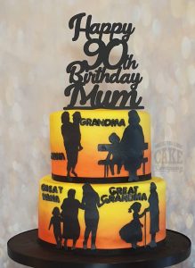 two tier 90th birthday lifestory silhouette cake - Tamworth
