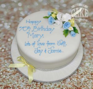 simple blue and yellow floral 70th birthday cake - tamworth