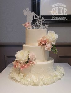 simple lace ivory cake, peach and white with topper wedding Tamworth West Midlands Staffordshire
