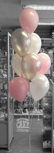spray of 9 pink white and silver latex balloons
