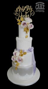 tall lace silver pastilage lilac floral bows and flowers wedding cake Tamworth West Midlands Staffordshire