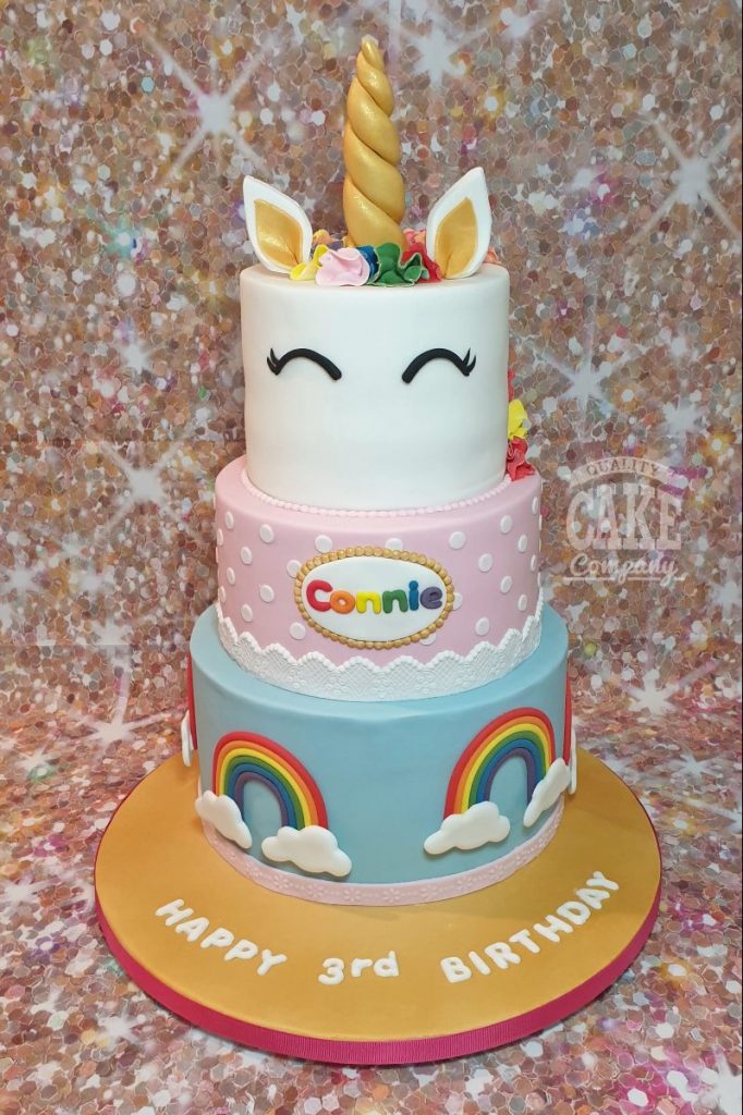 three tier unicorn rainbow children's birthday cake - tamworth
