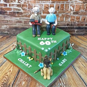 two men on bench in garden hobby theme cake - tamworth