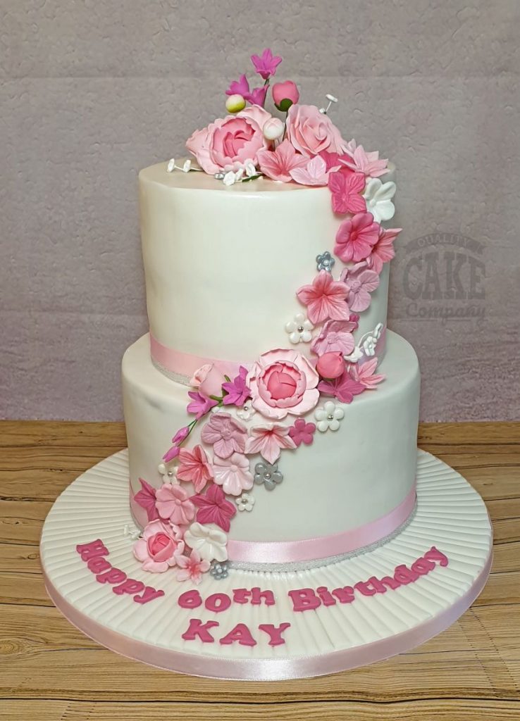 two tier floral pink cascade 60th birthday cake - Tamworth