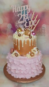 two tier rose gold and pink ruffle drip cake - tamworth