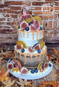 two tier semi naked autumnal drip fruit cake - tamworth