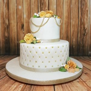 two tier white and gold quilted cake -tamworth