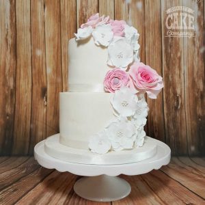 two-tier-white-pink-flowers-wedding-christening Tamworth West Midlands Staffordshire