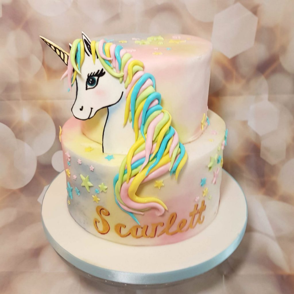 two tier unicorn rainbow mane birthday cake - tamworth