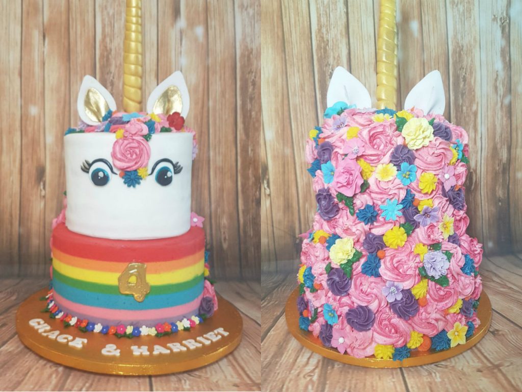 two tier large rainbow unicorn head cake -tamworth