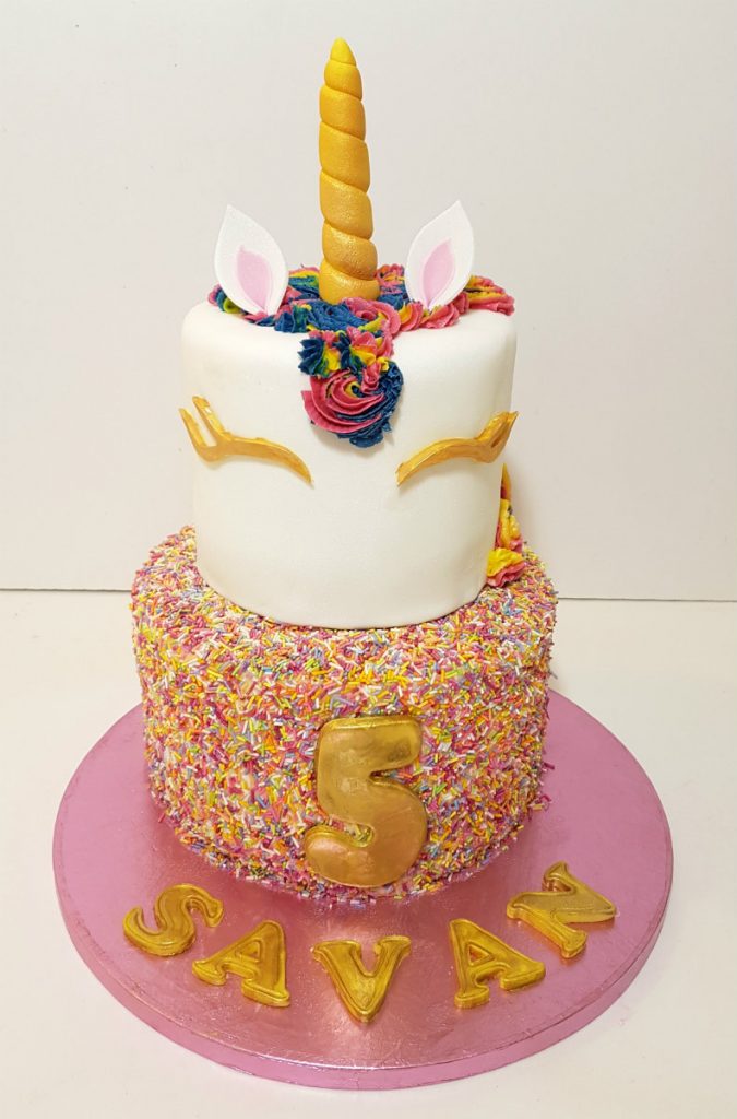 two unicorn head sprinkles children's birthday cake - tamworth