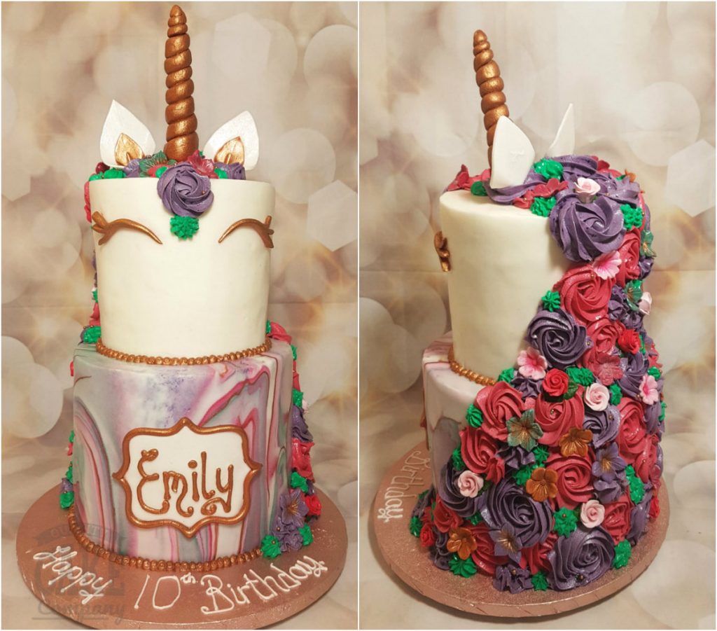 two tier large purple pink unicorn cake - Tamworth