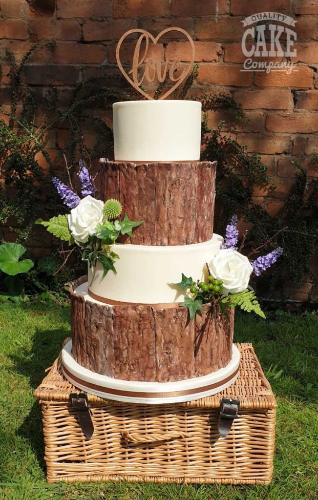 Four tier bark and floral wedding rustic cake Tamworth West Midlands Staffordshire
