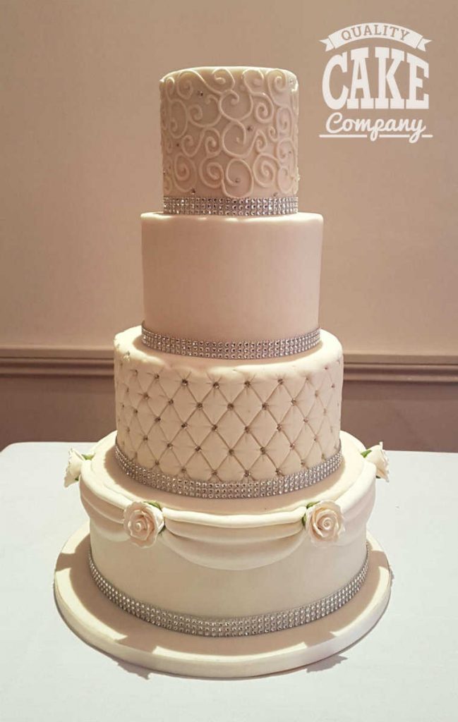 wedding-four-tier-white-bling quiliting swirls and swags Tamworth Staffordshire West Midlands