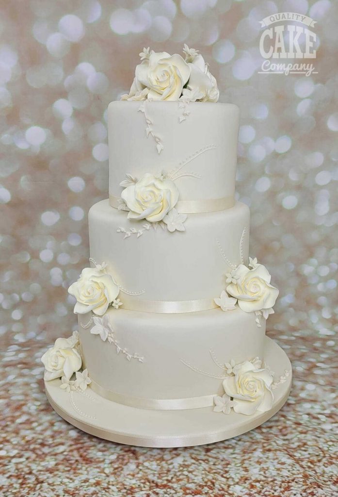 wedding ivory classic with sugar flowers and piped details three tier cake Tamworth West Midlands Staffordshire