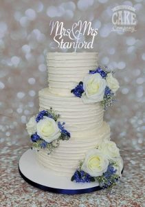 wedding three tier Blue and white floral ribbed buttercream Tamworth West Midlands Staffordshire