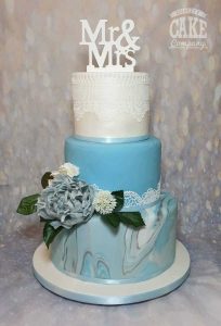 Blue marble white lace wedding cake three tier Tamworth West Midlands Staffordshire