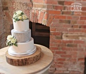 wedding-three-tier-simple-grey-white on large log slice Tamworth West Midlands Staffordshire