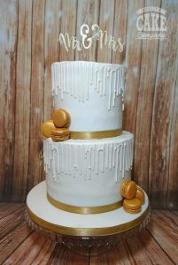 wedding-two-tier-white-drip macarons cake Tamworth West Midlands Staffordshire